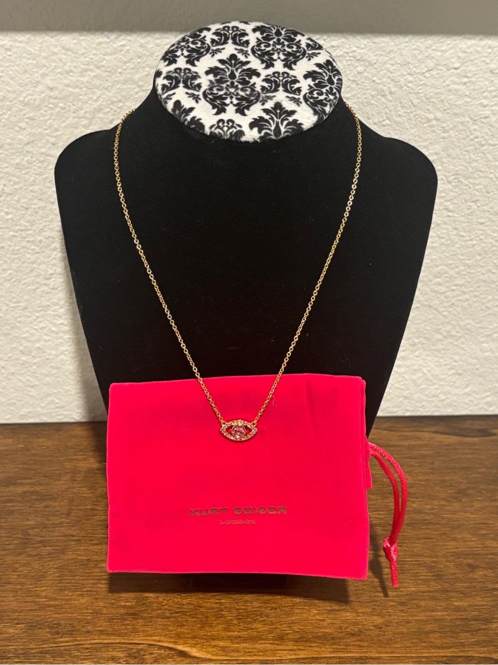 Kurt Geiger Gold Tone Necklace with Pink Crystal Eye Pendant